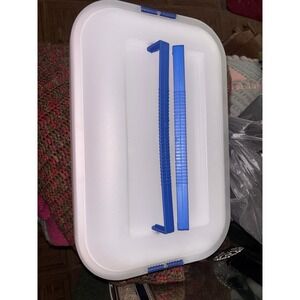 Sterilite White Plastic Storage Bin with Blue Latching Lid 16x11x6
